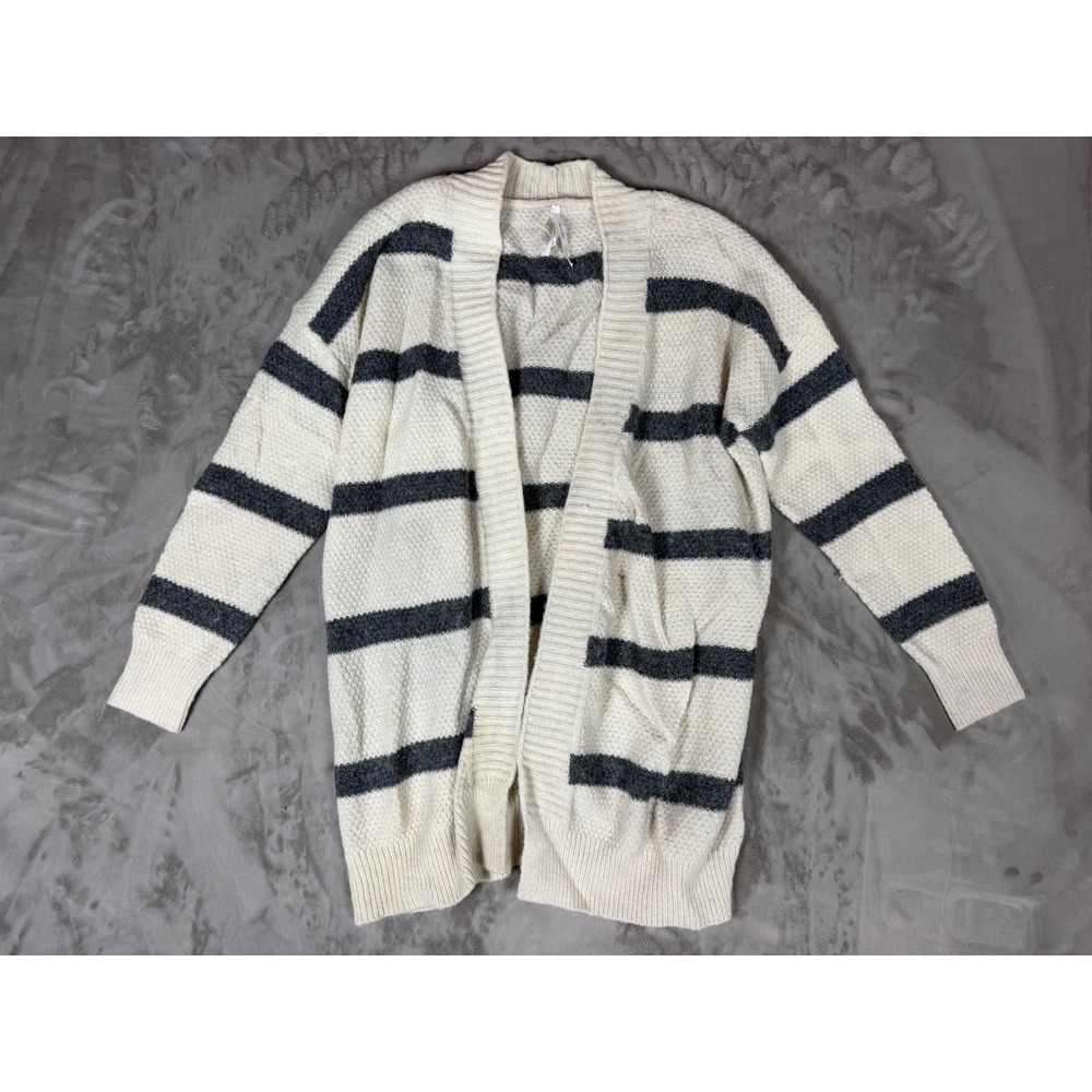 Gamers by Debut Cream Charcoal Striped Open Front Cardigan Sweater Pockets M